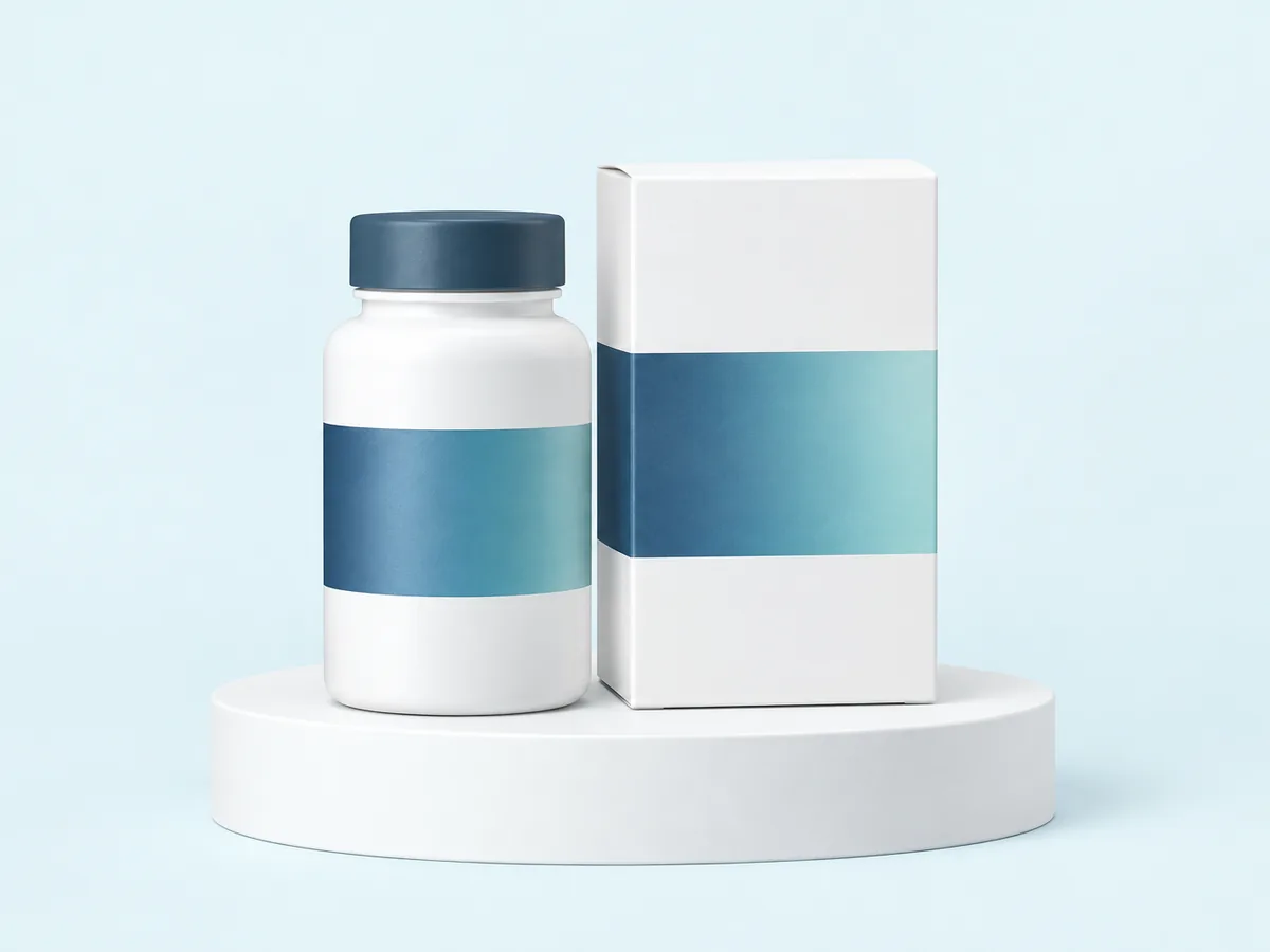 White bottle with a slate cap beside a plain white carton on a white podium