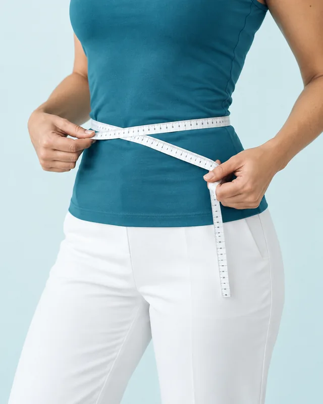 Person in a teal top measuring their waist with a tape measure
