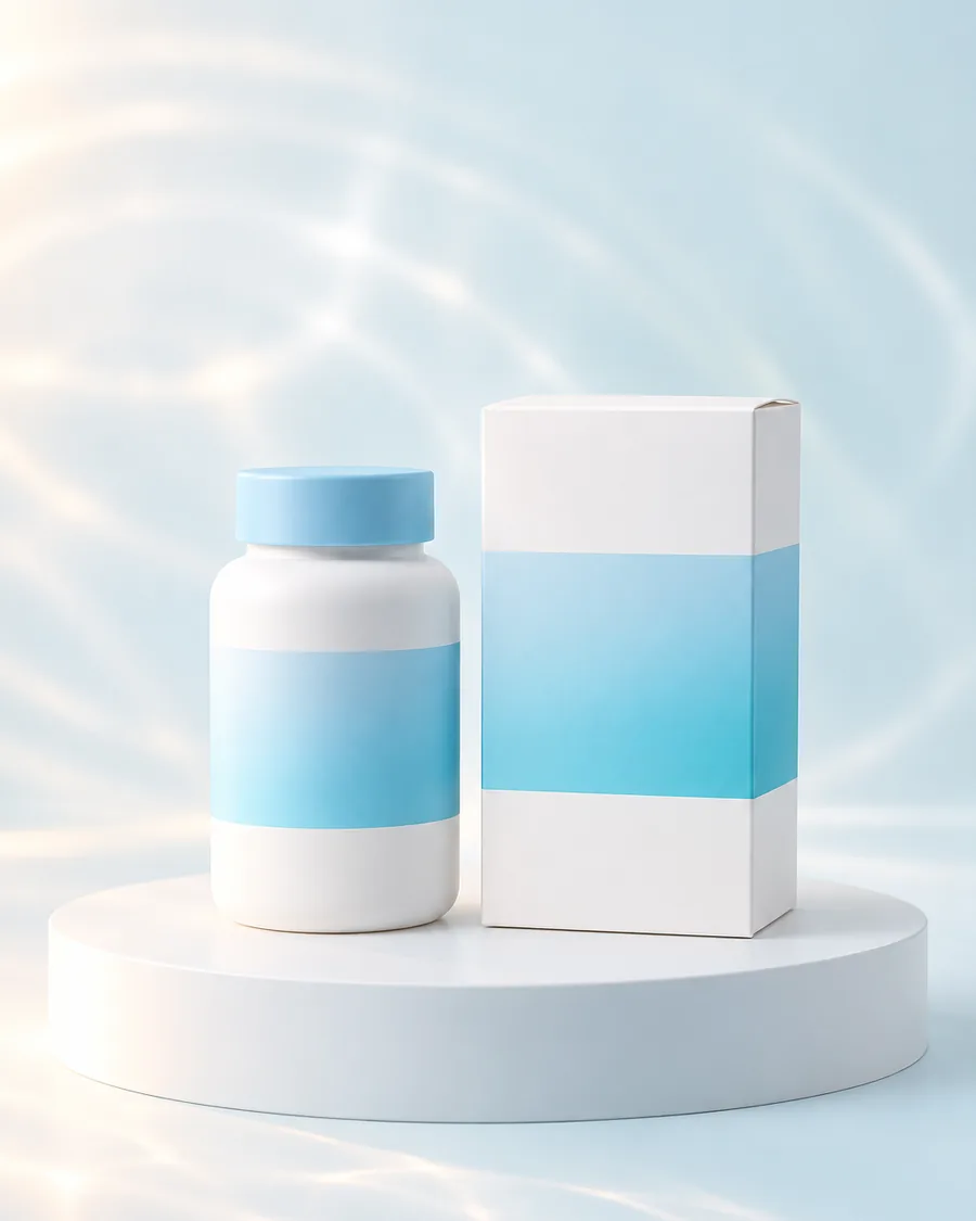 White bottle with an aqua cap beside a white carton with a sky gradient band on a white podium with soft water-ripple light