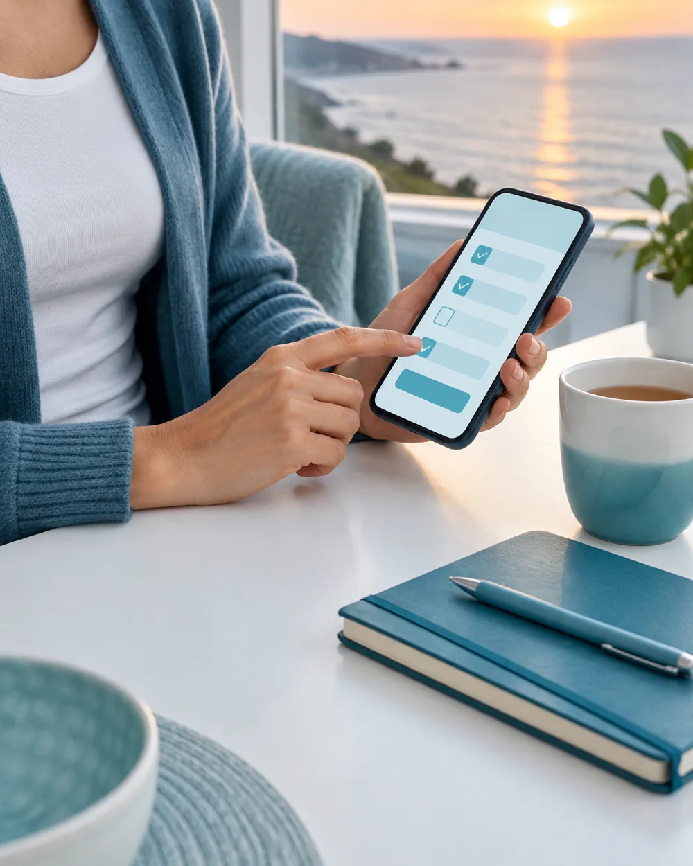Person at a sunny table checking a care plan on their phone