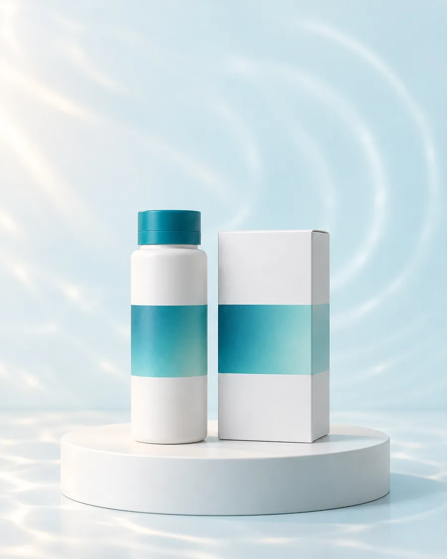 White pill bottle with a teal cap beside a plain white carton on a white podium