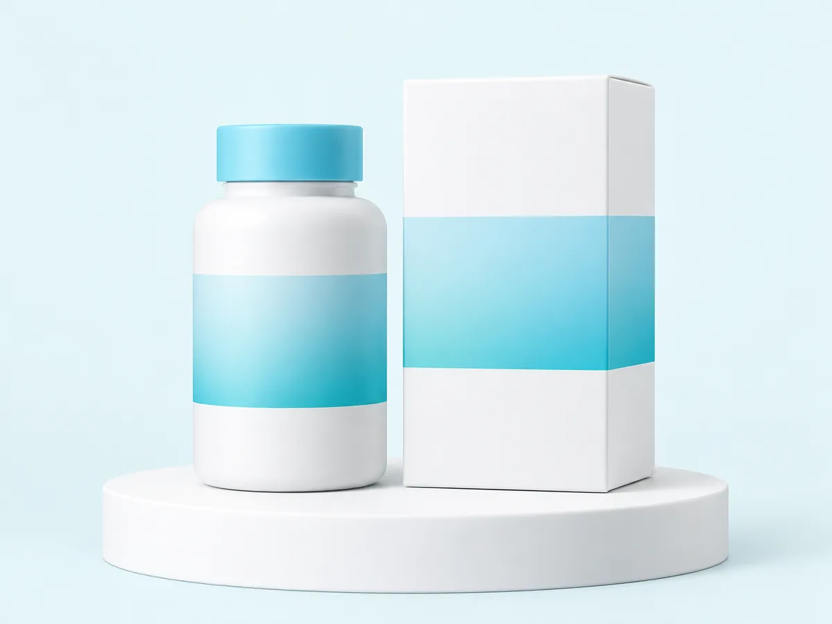 White bottle with an aqua cap beside a white carton with a sky gradient band on a white podium