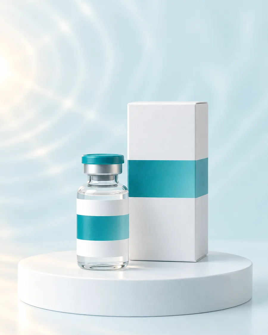 Glass vial with a teal cap beside a plain white carton on a white podium