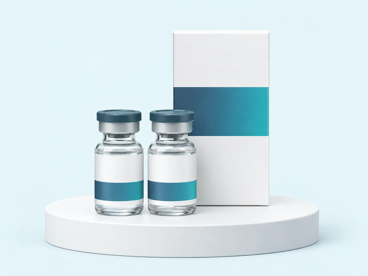 Two glass vials with slate caps beside a plain white carton on a white podium