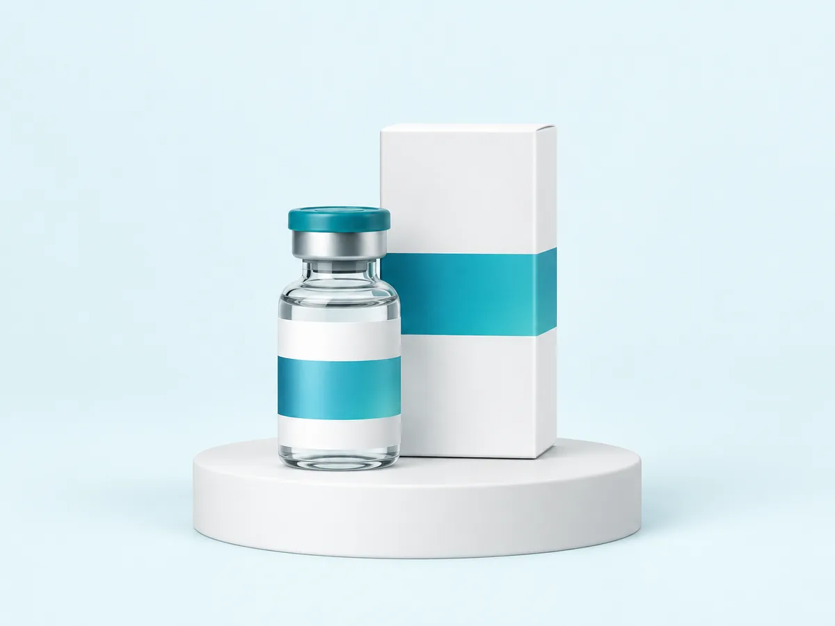 Glass vial with a teal cap beside a plain white carton on a white podium