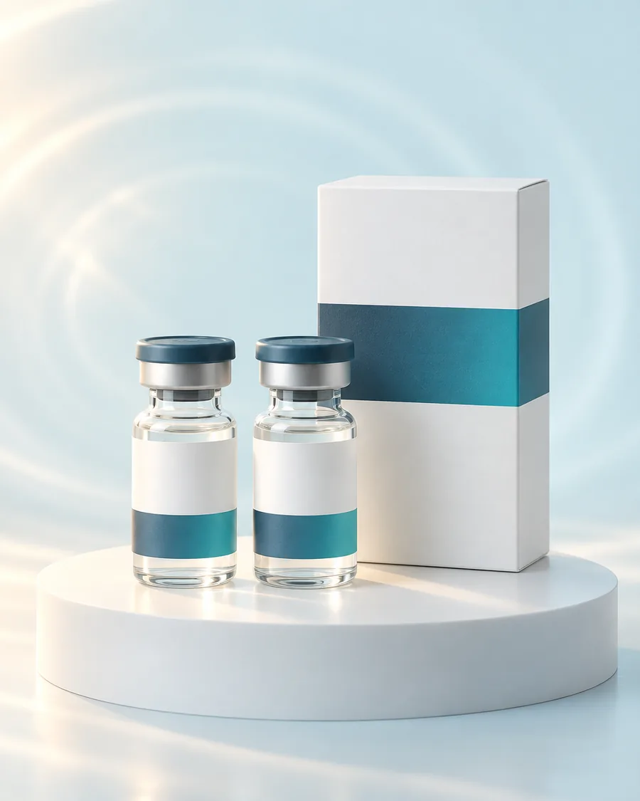 Two glass vials with slate caps beside a plain white carton on a white podium