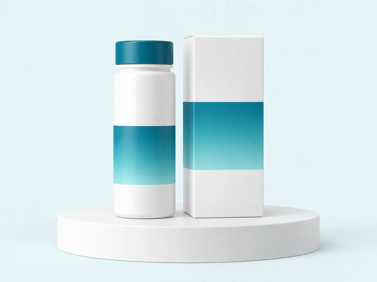 White pill bottle with a teal cap beside a plain white carton on a white podium