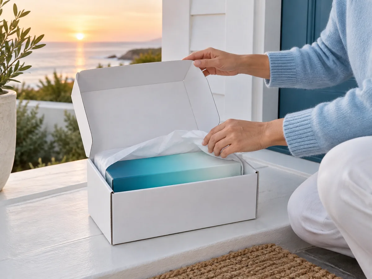 Person opening a plain white delivery box at their front door