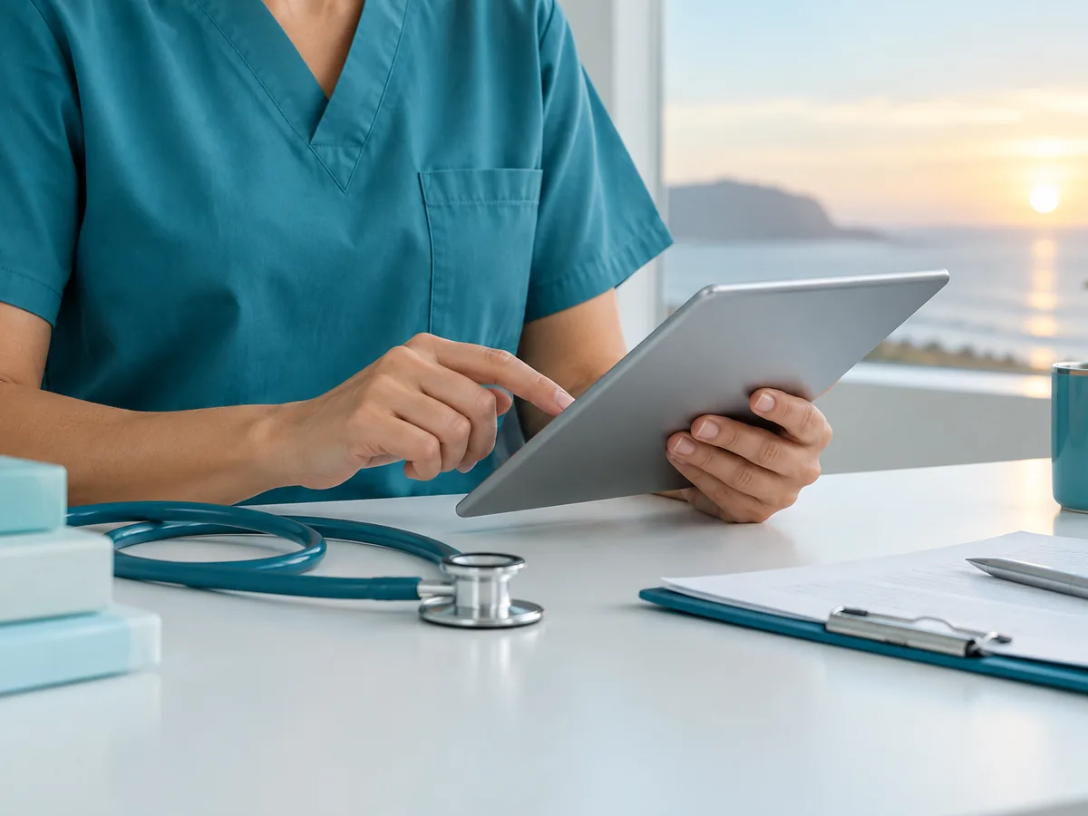Licensed clinician in teal scrubs reviewing an intake on a tablet