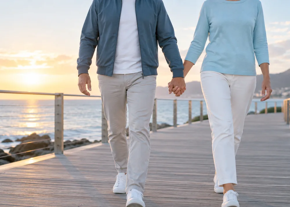 Couple walking hand in hand along a seaside boardwalk at sunrise