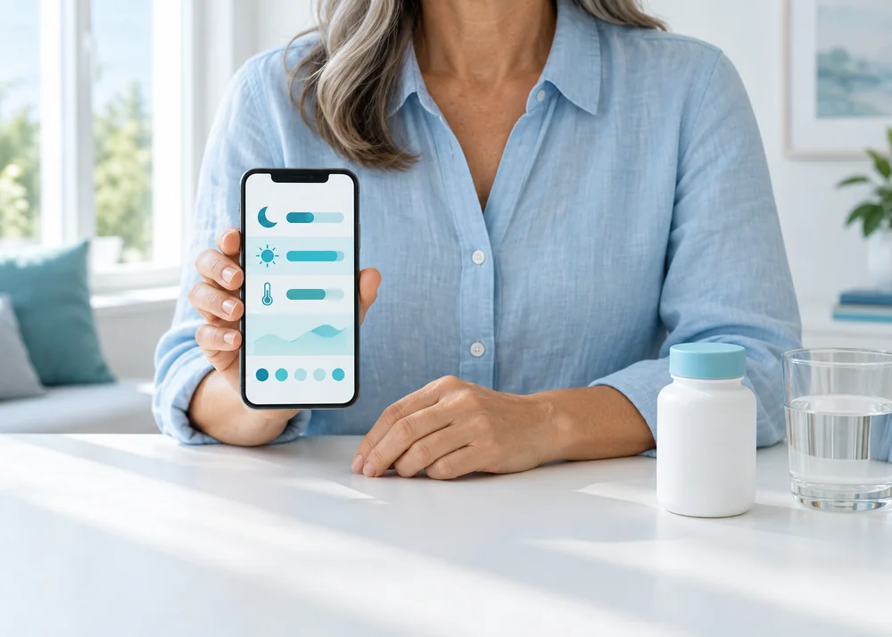 Woman with silver-streaked hair holding a phone with a symptom tracker beside a bottle and a glass of water