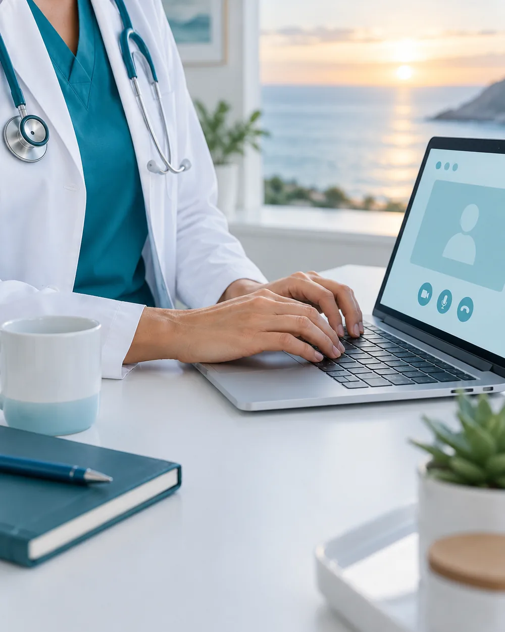 Clinician in a white coat reviewing a telehealth visit on a laptop