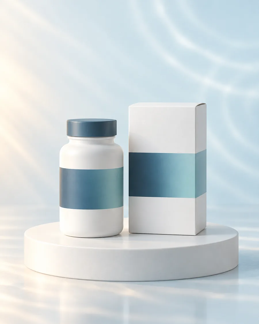 White bottle with a slate cap beside a plain white carton on a white podium with soft water-ripple light